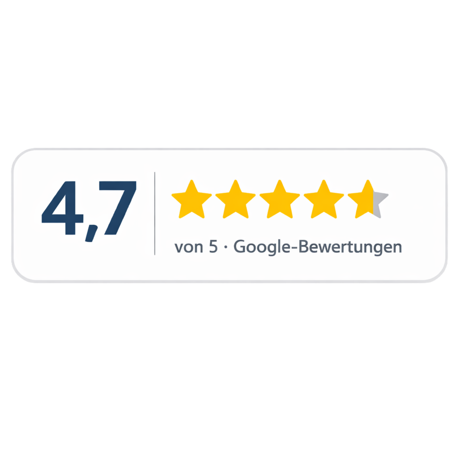 Bewertungsbadge mit 4,7 von 5 Sternen und fünf gelben Sternen für Google-Bewertungen. - Google Bewertungen Badge
